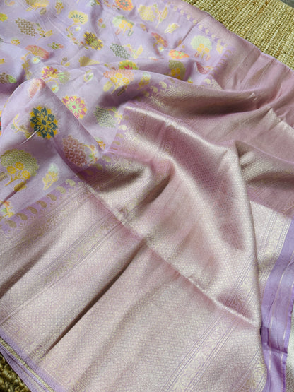 Lavender Pink Tussar Raw Silk Saree with Meenakari Woven Floral Elegance