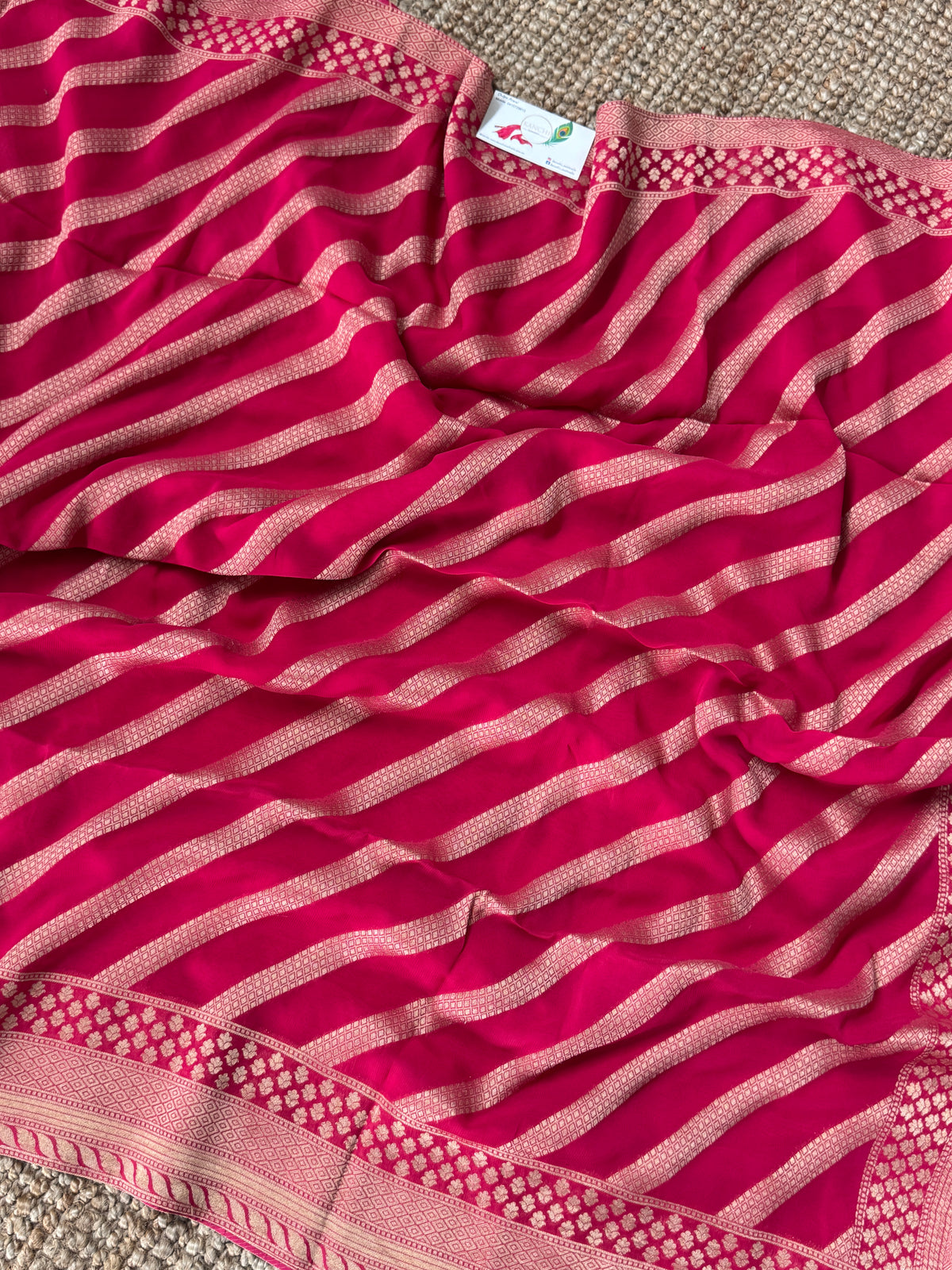 Pure Georgette Leheriya Saree – Dark Crossandra Pink with Gold Zari Weaving