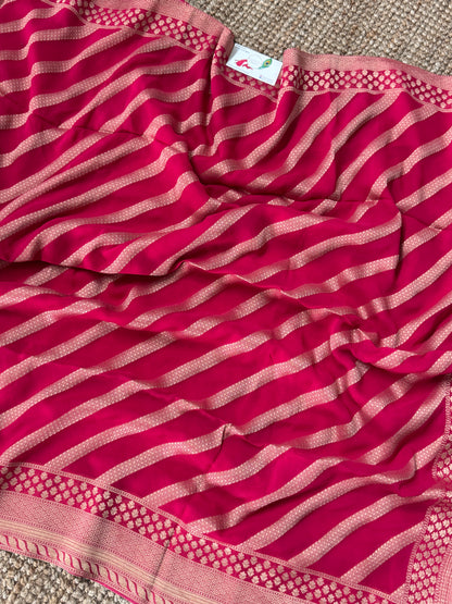 Pure Georgette Leheriya Saree – Dark Crossandra Pink with Gold Zari Weaving