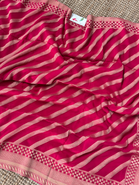 Pure Georgette Leheriya Saree – Dark Crossandra Pink with Gold Zari Weaving