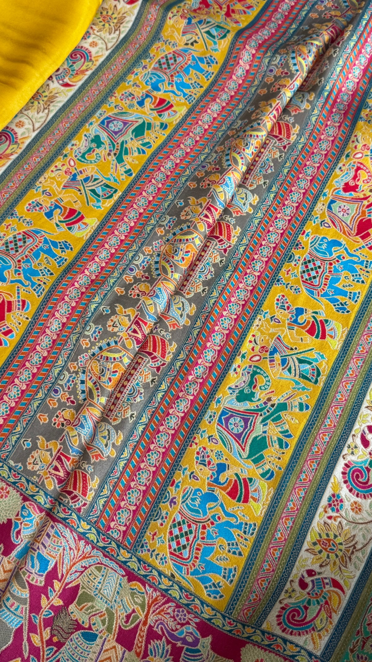 Kashmiri Pashmina Kani Silk Saree – Yellow with Pink Brocade Contrast Blouse