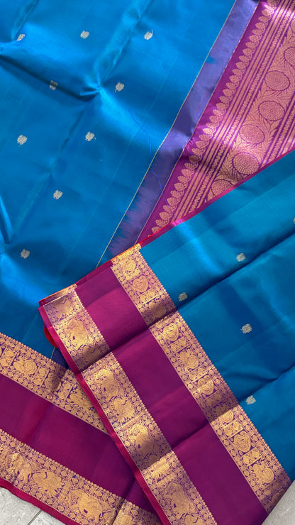 Vintage Wash Pure Kanchipuram Silk Saree – Peacock Blue with Magenta Pink Contrast | Silk Mark Certified