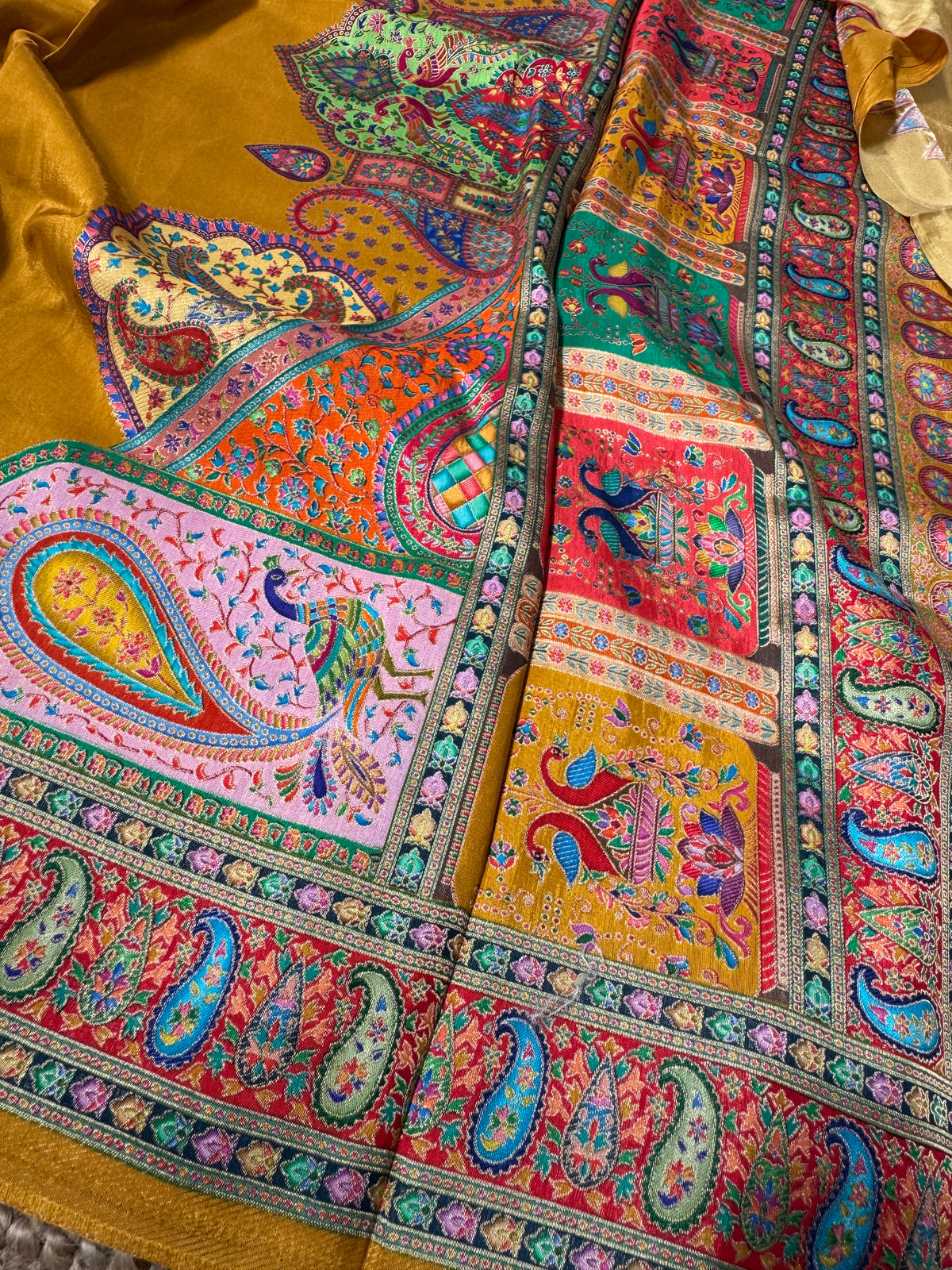 Kashmiri Pashmina Kani Silk Saree – Yellow and Red