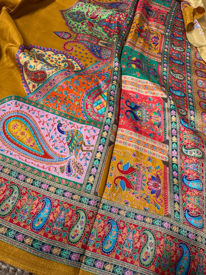 Kashmiri Pashmina Kani Silk Saree – Yellow and Red