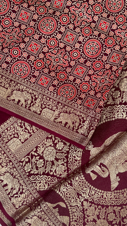 Pure Modal Based Saree with Ajrakh Prints & Banarasi Elephant Zari Border – Deep Maroon