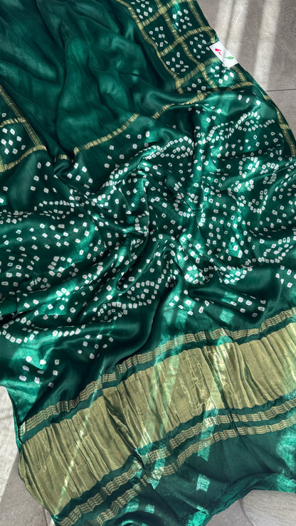Tie & Dye Handknotted Gharchola Bandhej Pure Gajji Silk Saree - Bottle Green
