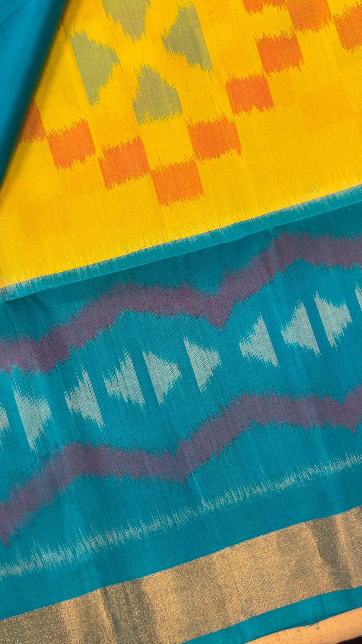 Pure Ikkat Soft Silk saree - Yellow & Turquoise Blue|Silk Mark Certified