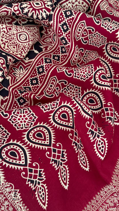 Pure Modal Based Saree with Ajrakh Prints & Banarasi Elephant Zari Border – Maroon