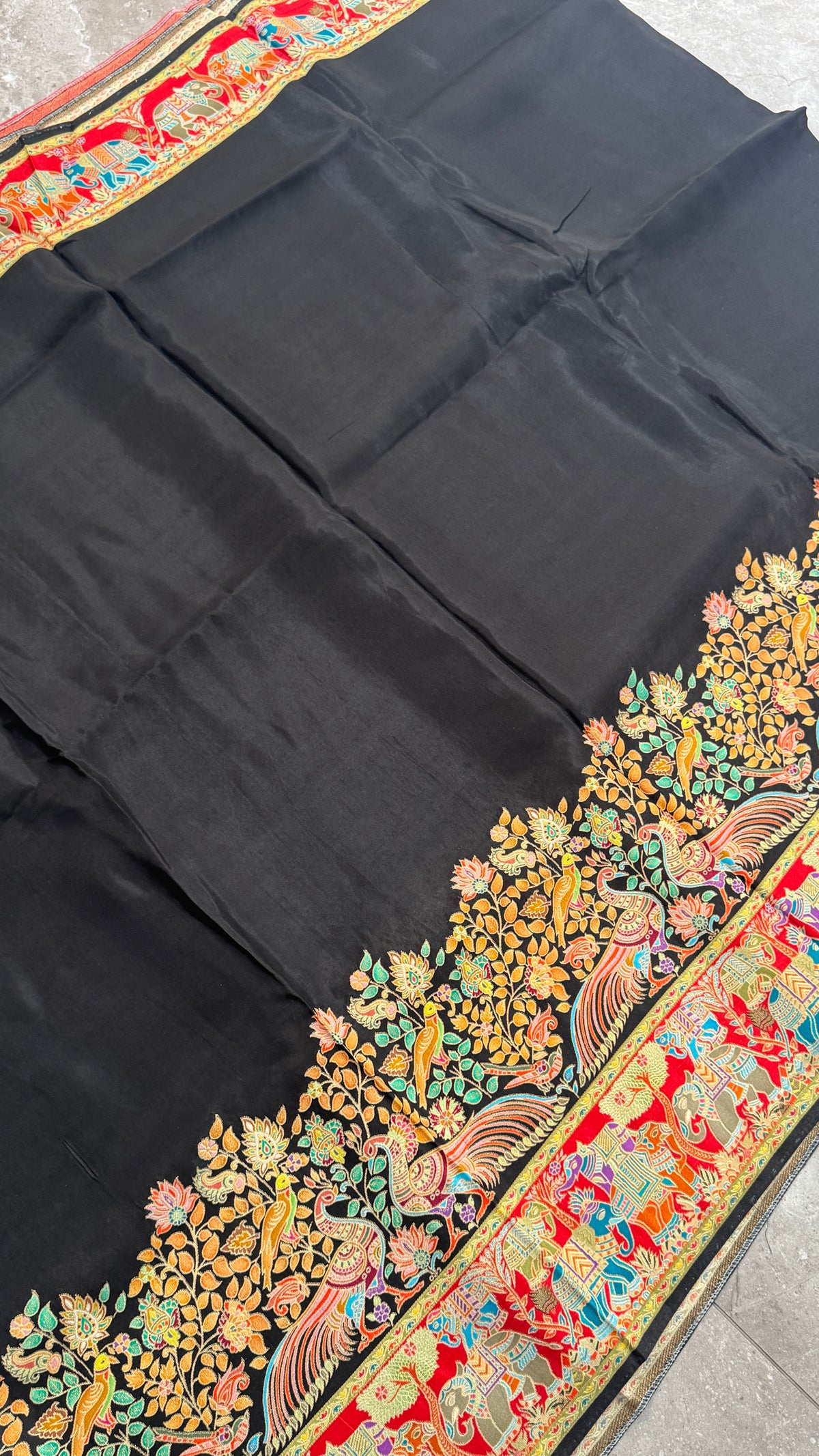 Kashmiri Pashmina Kani Silk Saree – Black with Red Brocade Blouse