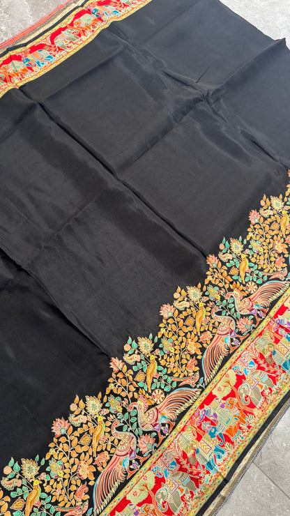 Kashmiri Pashmina Kani Silk Saree – Black with Red Brocade Blouse