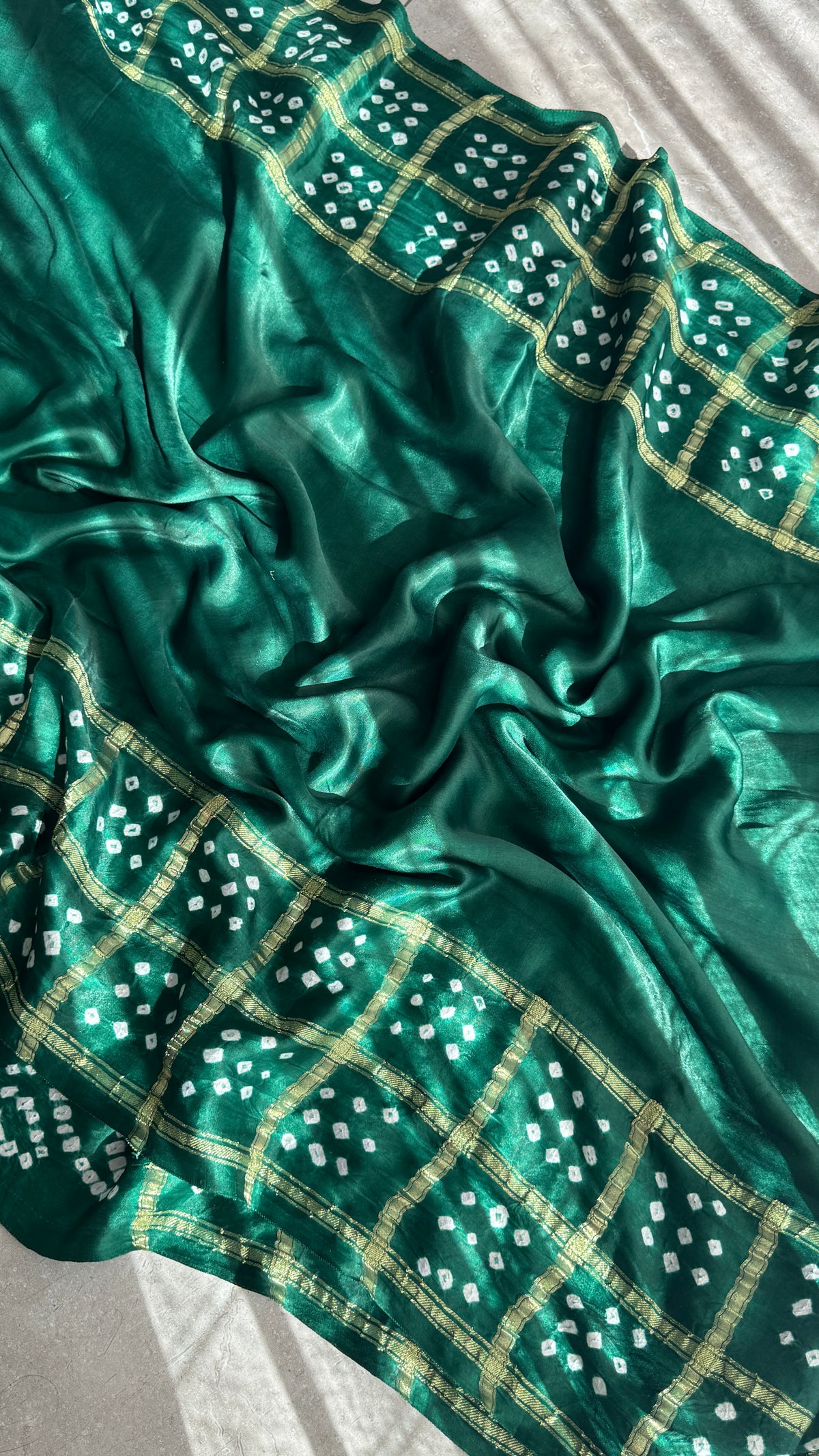 Tie & Dye Handknotted Gharchola Bandhej Pure Gajji Silk Saree - Bottle Green