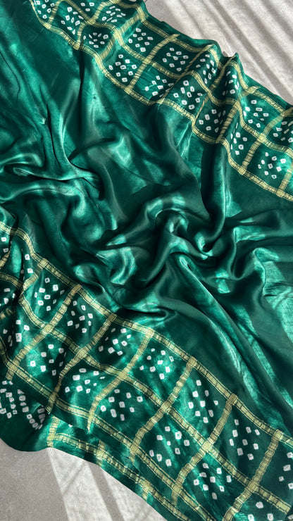 Tie & Dye Handknotted Gharchola Bandhej Pure Gajji Silk Saree - Bottle Green