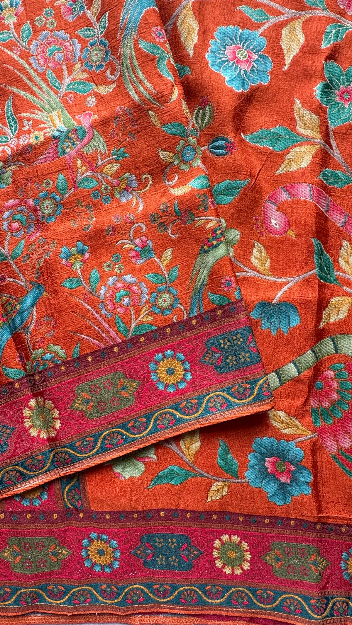 Kashmiri Pashmina Kani Silk Saree – Orange with Red Brocade Contrast Blouse