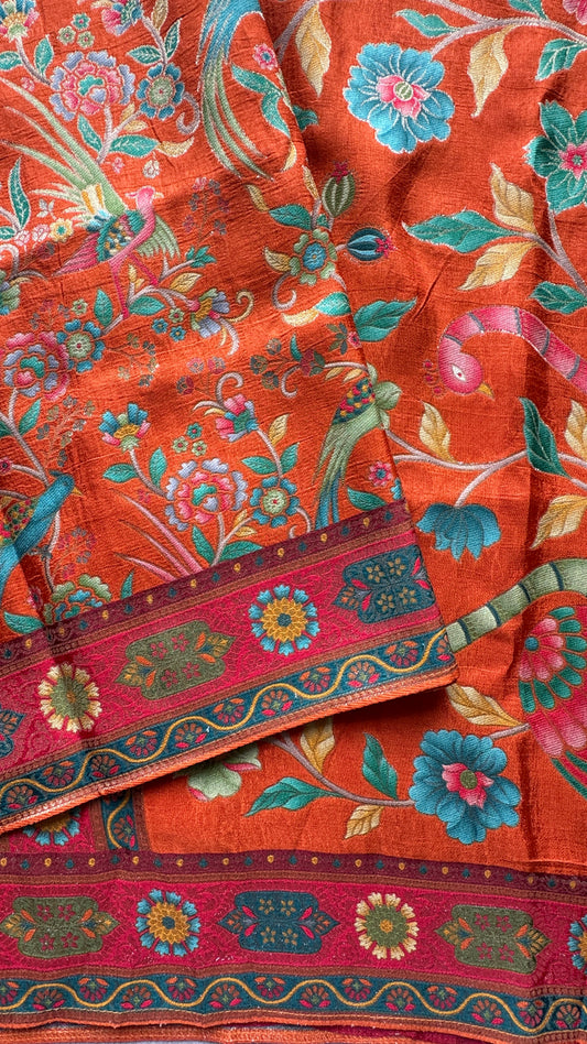 Kashmiri Pashmina Kani Silk Saree – Orange with Red Brocade Contrast Blouse