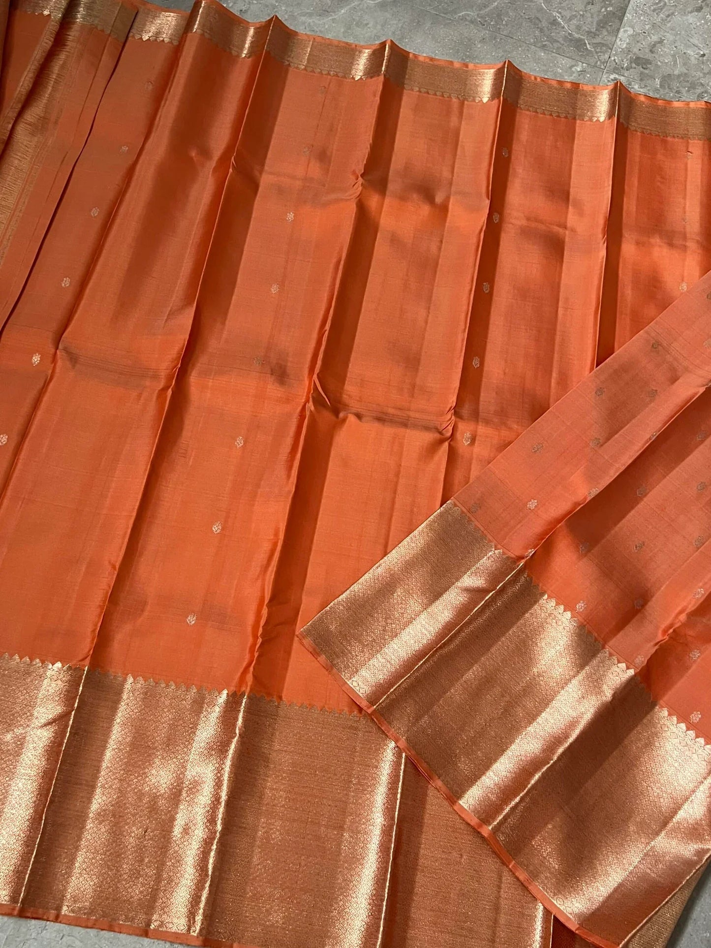 Dark Peach Pure Kanchipuram Silk Saree with Silver Zari Motifs Silk Mark Certified