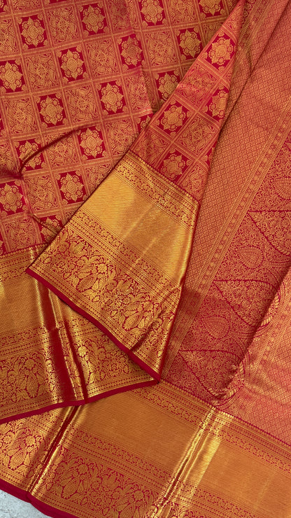 Bridal Red Pure Kanchivaram Silk Saree with Rich Gold Zari Border|Silk Mark Certified