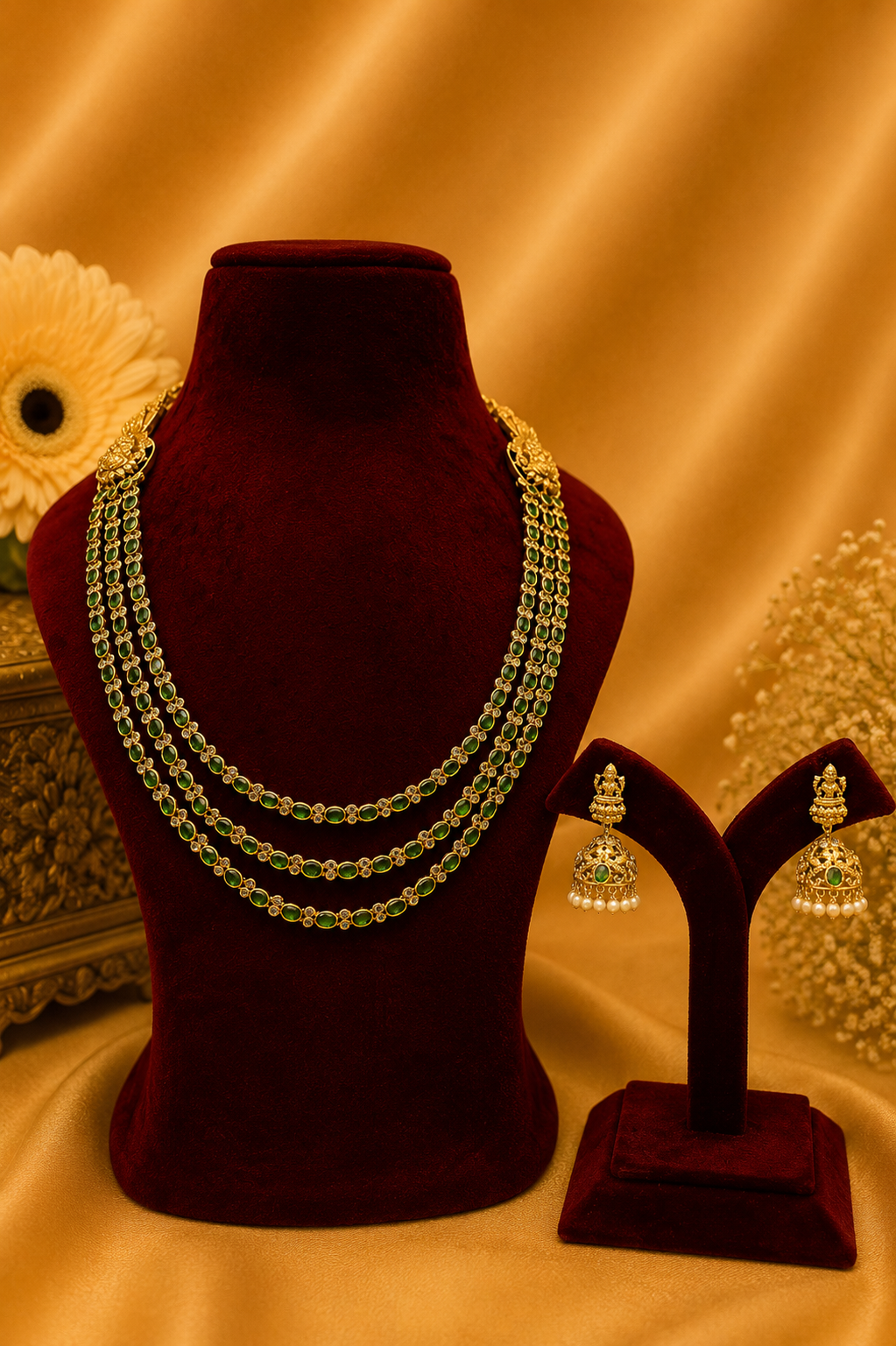 Antique Gold-Plated Temple Layered Haaram Set with Emerald Detailing