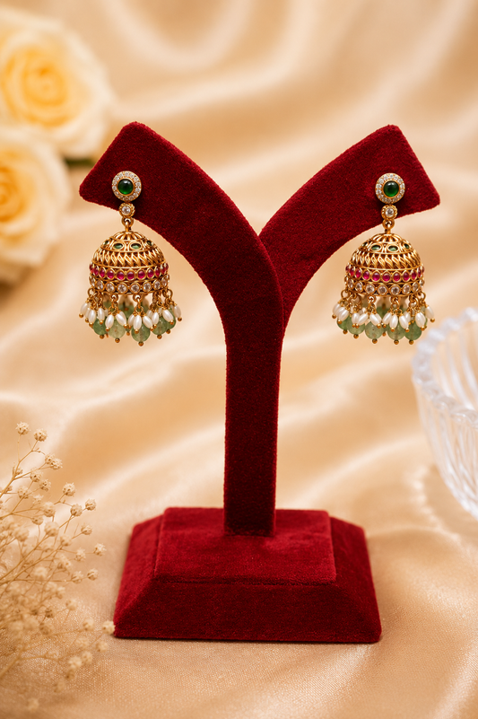 Antique Gold-Plated Jadau & Emerald Stone Haram Set with Pearl Drops