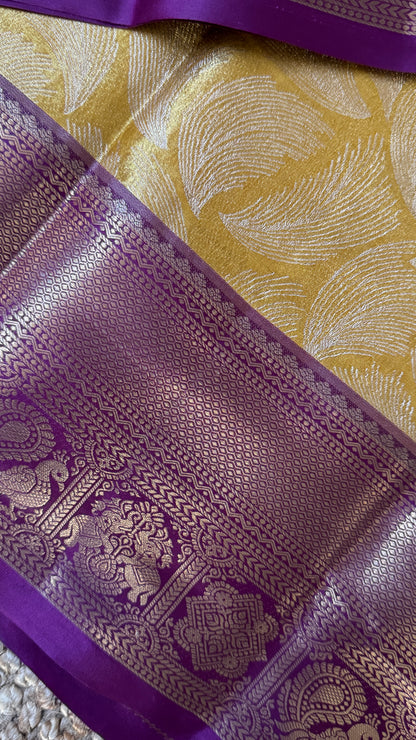 Semi Silk Mini Kanchivaram Tissue Saree – Light Golden Yellow & Magenta