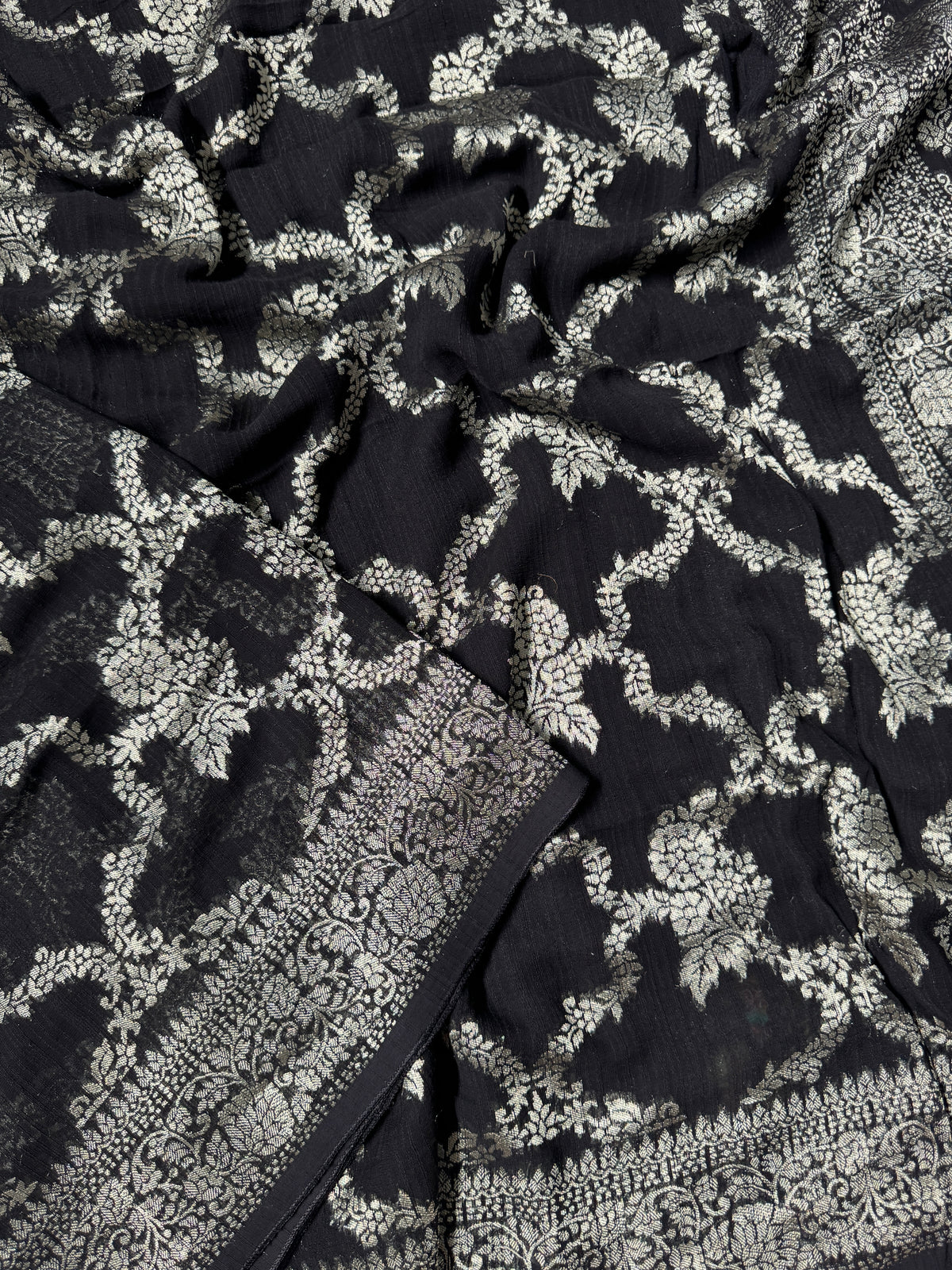 Super Soft Tussar Georgette Saree with Silver Jaal Weaving – Black
