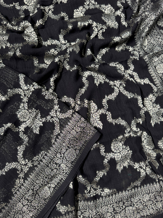 Super Soft Tussar Georgette Saree with Silver Jaal Weaving – Black