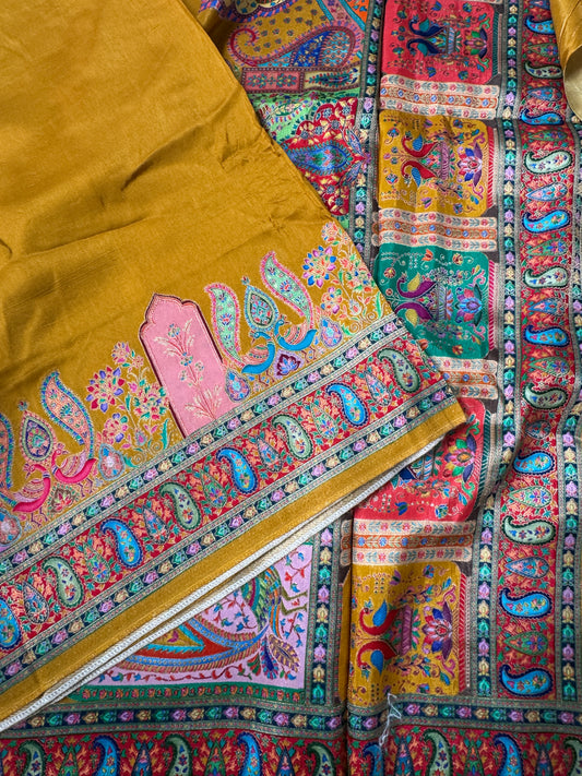 Kashmiri Pashmina Kani Silk Saree – Yellow and Red