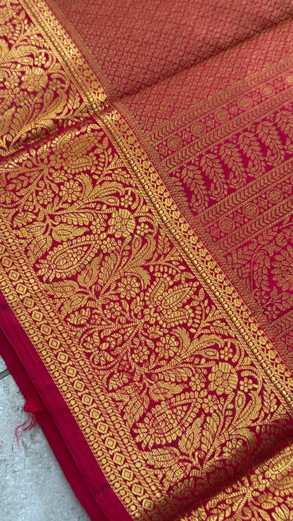Bridal Red Pure Kanchivaram Silk Saree with Rich Gold Zari Border|Silk Mark Certified