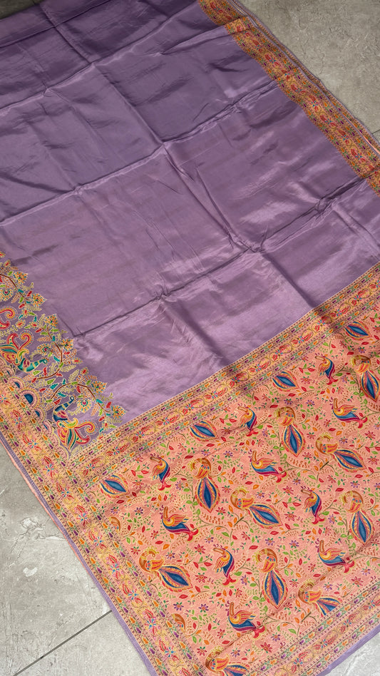 Kashmiri Pashmina Kani Silk Saree – Pastel Lavender with Peach Contrast Blouse