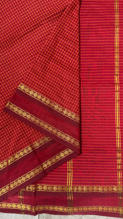 Pure Hand-Woven Checkered Cotton Silk Saree with Gap Border-Red