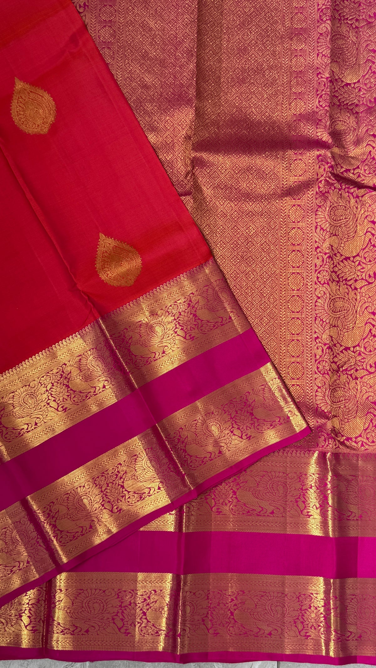 Vintage Wash Pure Kanchipuram Silk Saree – Orange with Magenta Pink | Silk Mark Certified