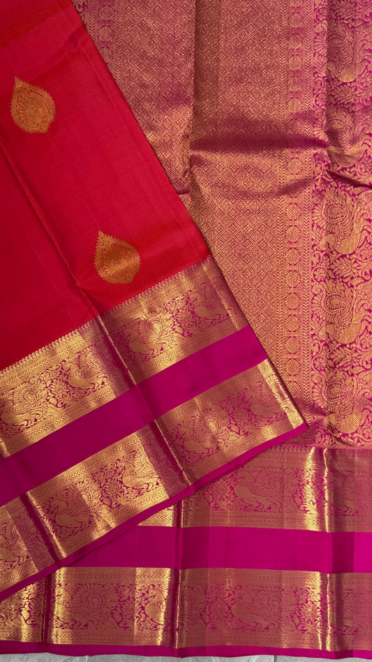 Vintage Wash Pure Kanchipuram Silk Saree – Orange with Magenta Pink | Silk Mark Certified
