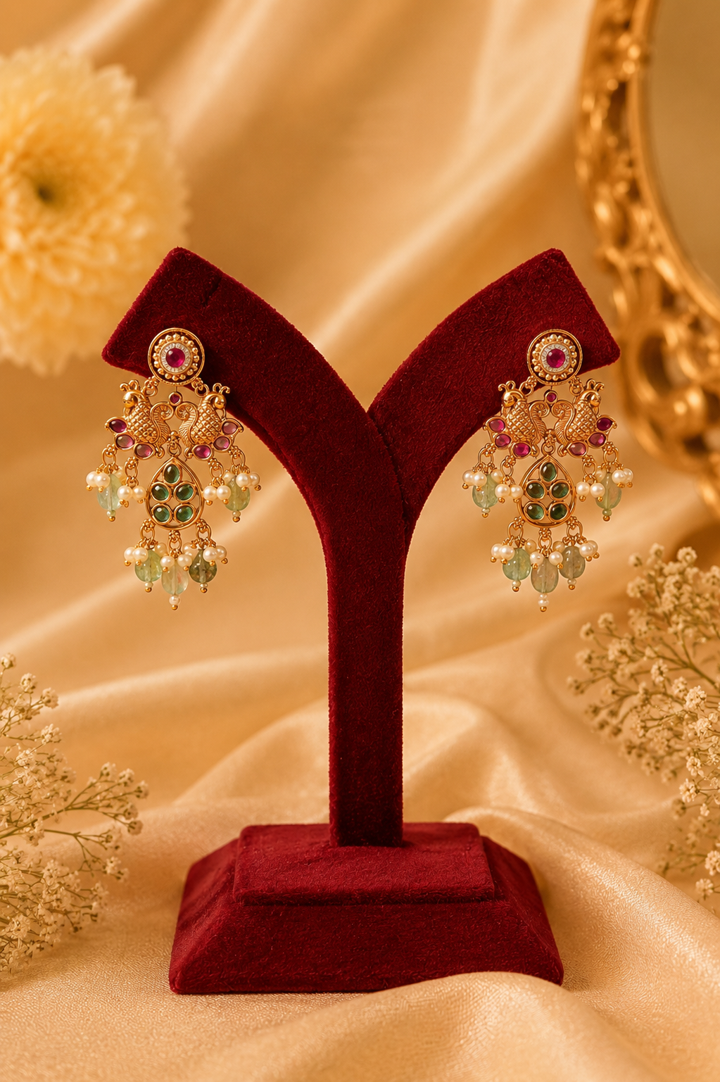 Antique Gold-Plated Temple Long Necklace Set with Mint Green & Blush Pink Stones