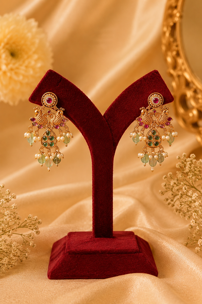 Antique Gold-Plated Temple Long Necklace Set with Mint Green & Blush Pink Stones
