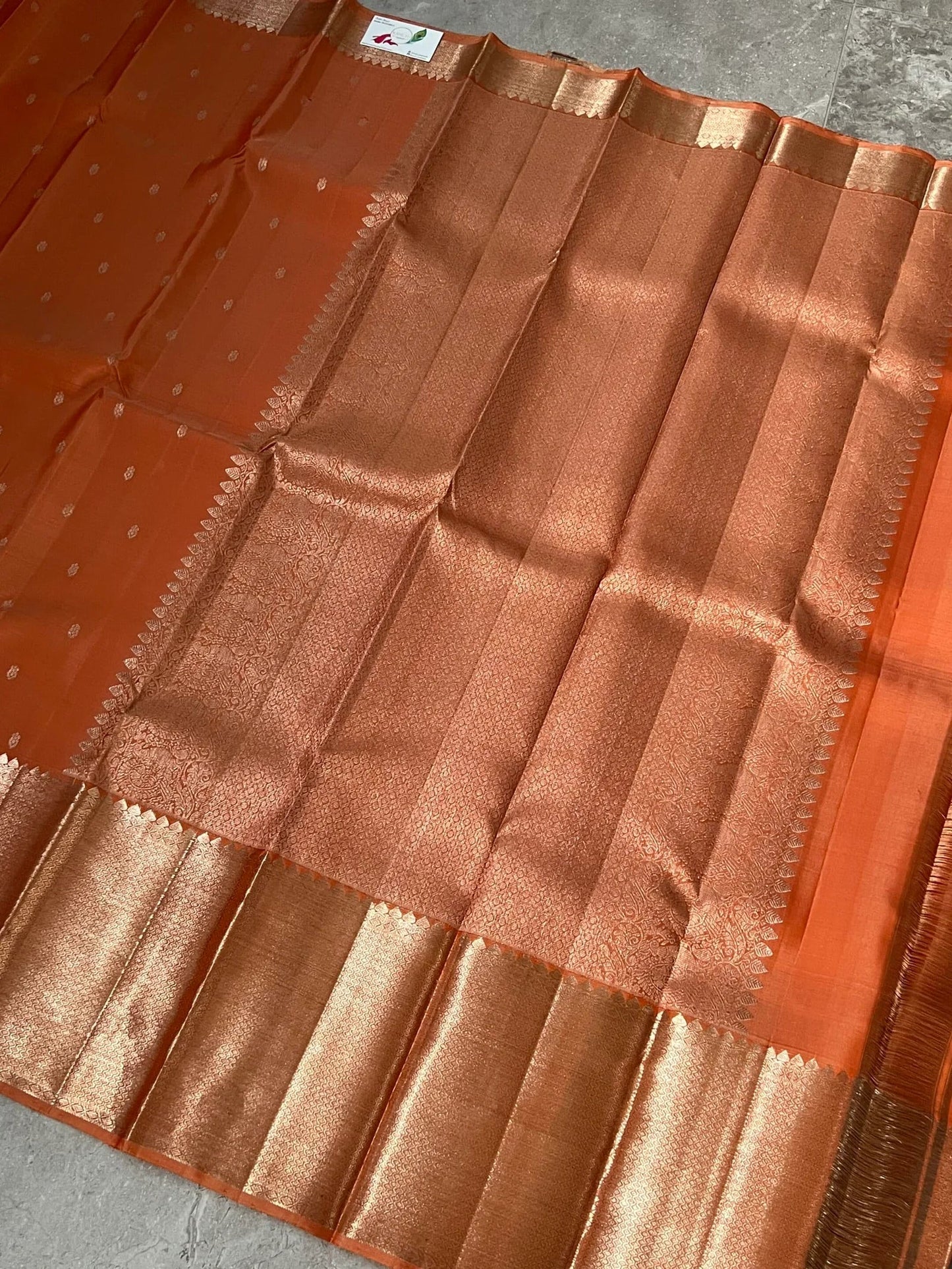 Dark Peach Pure Kanchipuram Silk Saree with Silver Zari Motifs Silk Mark Certified