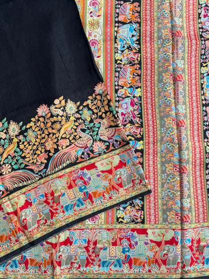 Kashmiri Pashmina Kani Silk Saree – Black with Red Brocade Blouse