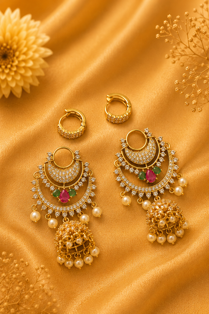 Combination Stud & Zircon Jhumka Earrings with Pearl Hangings