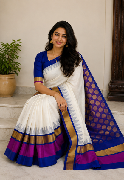 Pure Kuppadam Korvai Pattu Saree-Ivory & Blue
