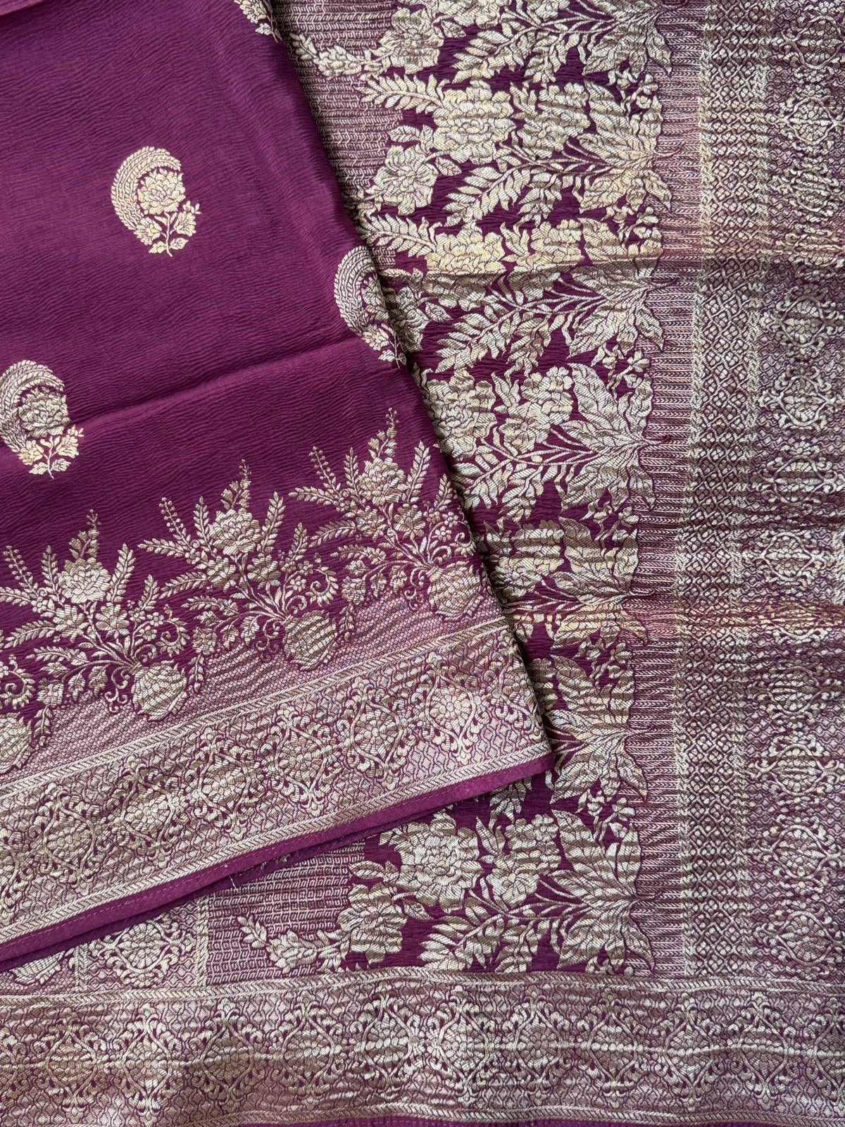 Crushed Munga Silk Banarasi Saree – Wine with Self-Turning Border