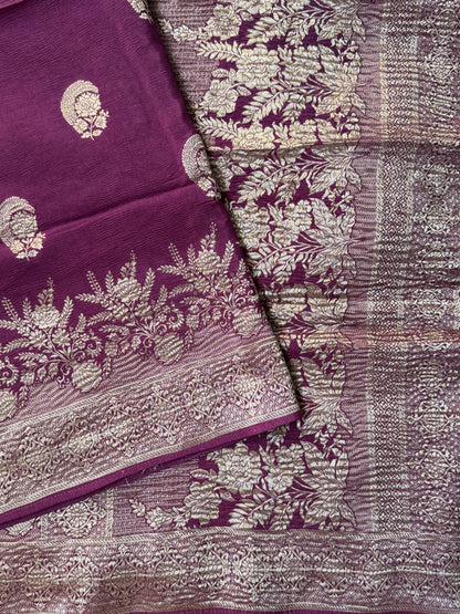Crushed Munga Silk Banarasi Saree – Wine with Self-Turning Border