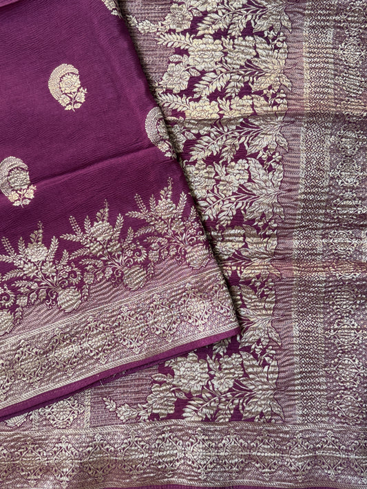 Crushed Munga Silk Banarasi Saree – Wine with Self-Turning Border