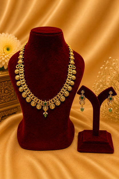 Antique Gold-Plated Coin Necklace Set with Emerald Detailing