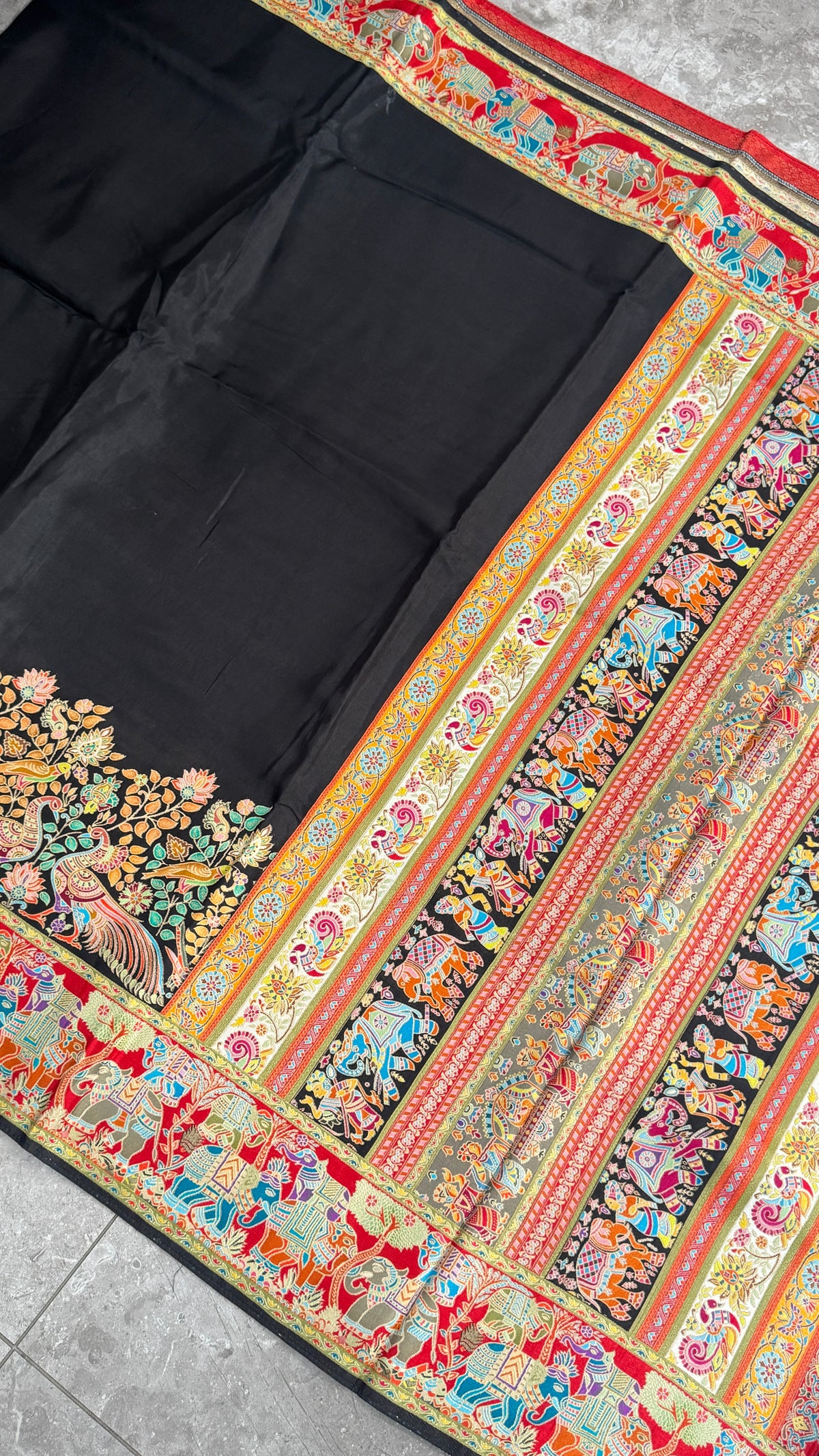 Kashmiri Pashmina Kani Silk Saree – Black with Red Brocade Blouse