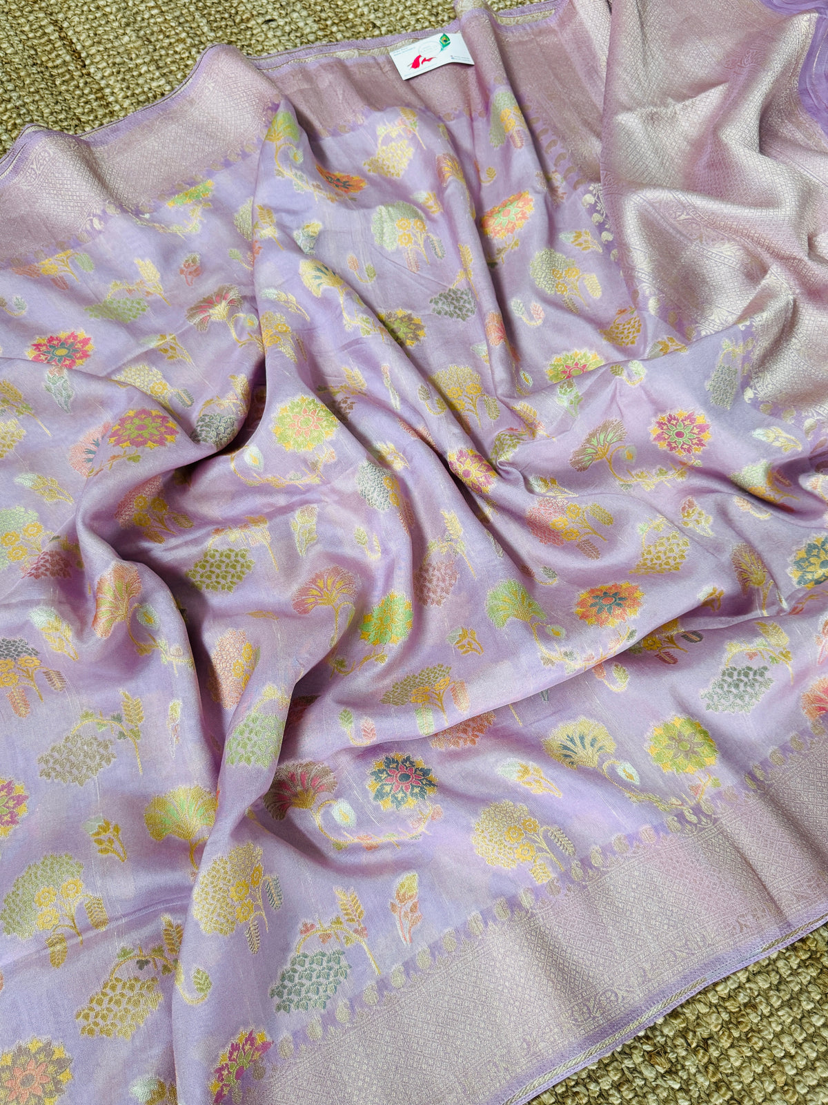 Lavender Pink Tussar Raw Silk Saree with Meenakari Woven Floral Elegance