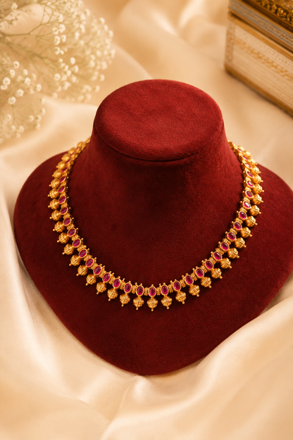 Antique Gold-Plated Sleek Necklace Set with Ruby Stone Detailing