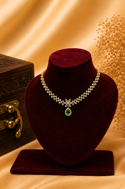 Elegant AD Stone Necklace Set with Emerald Drop Choker Pendant Set
