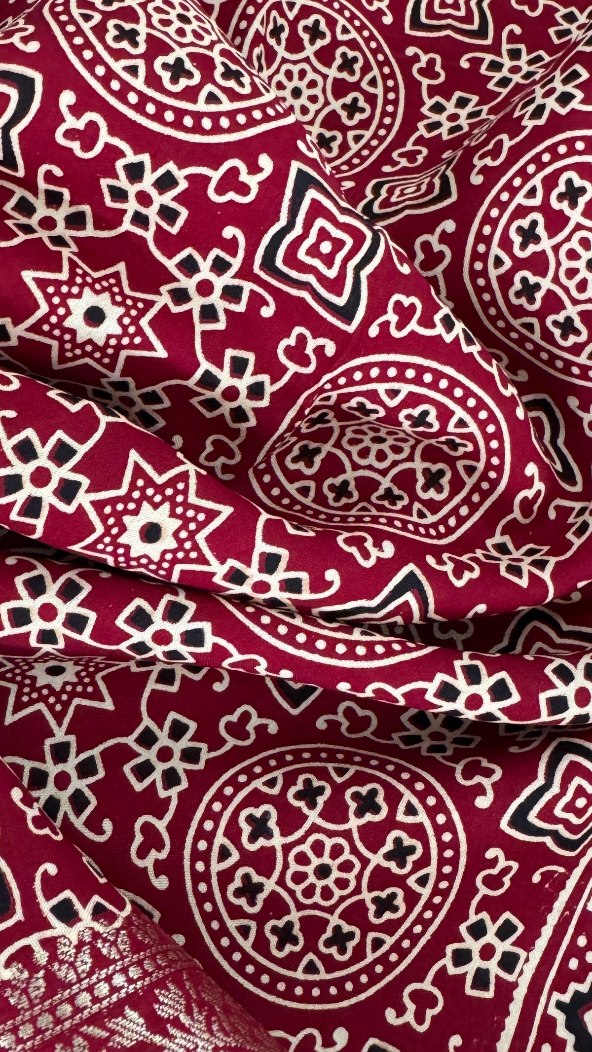 Pure Modal Based Saree with Ajrakh Prints & Banarasi Elephant Zari Border – Maroon