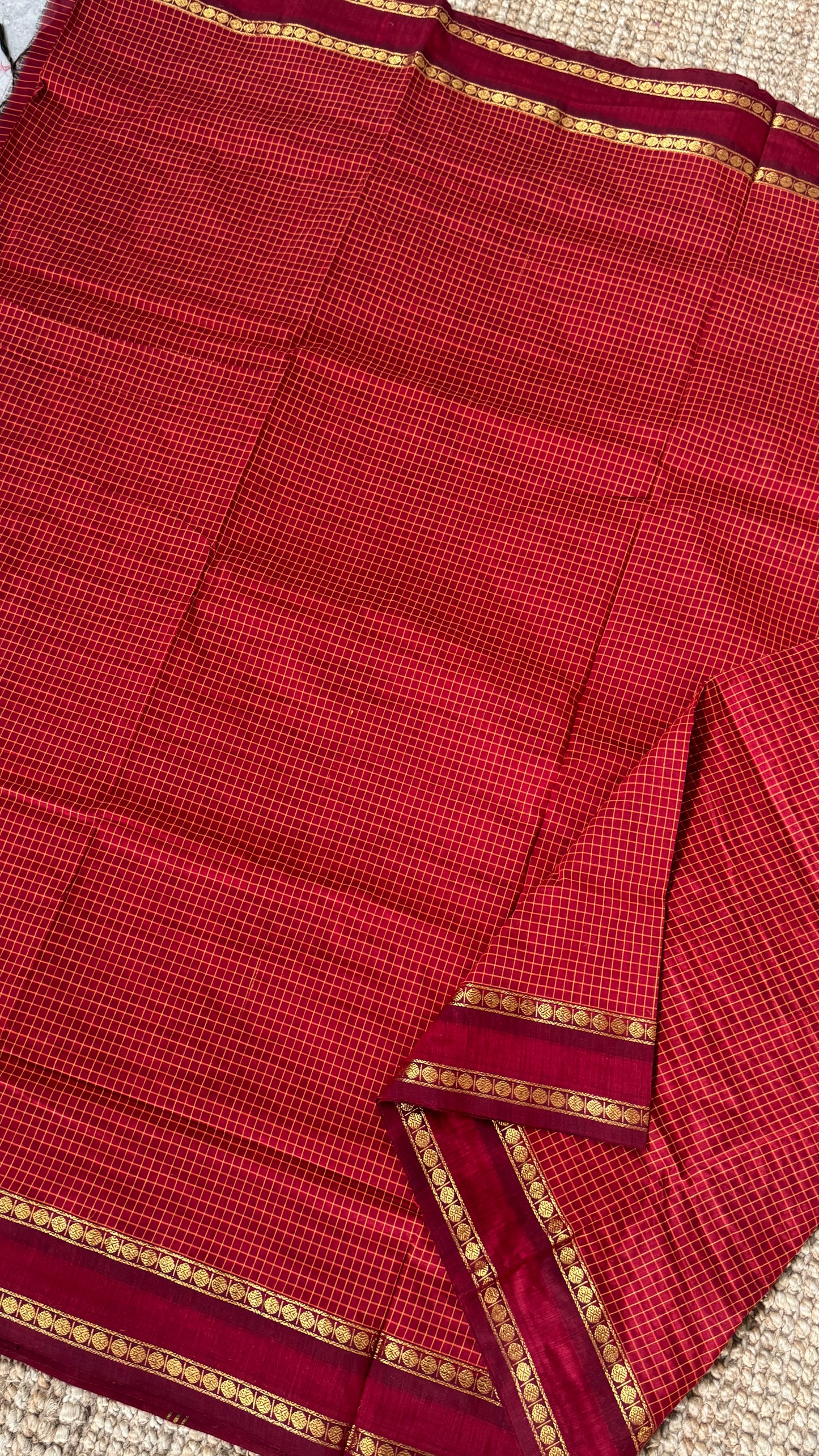 Pure Hand-Woven Checkered Cotton Silk Saree with Gap Border-Red