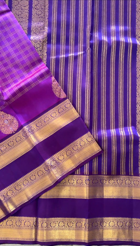 Vintage Wash Pure Kanchipuram Silk Saree – Regal Purple with Royal Purple Contrast | Silk Mark Certified