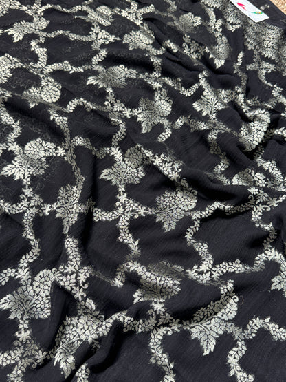 Super Soft Tussar Georgette Saree with Silver Jaal Weaving – Black