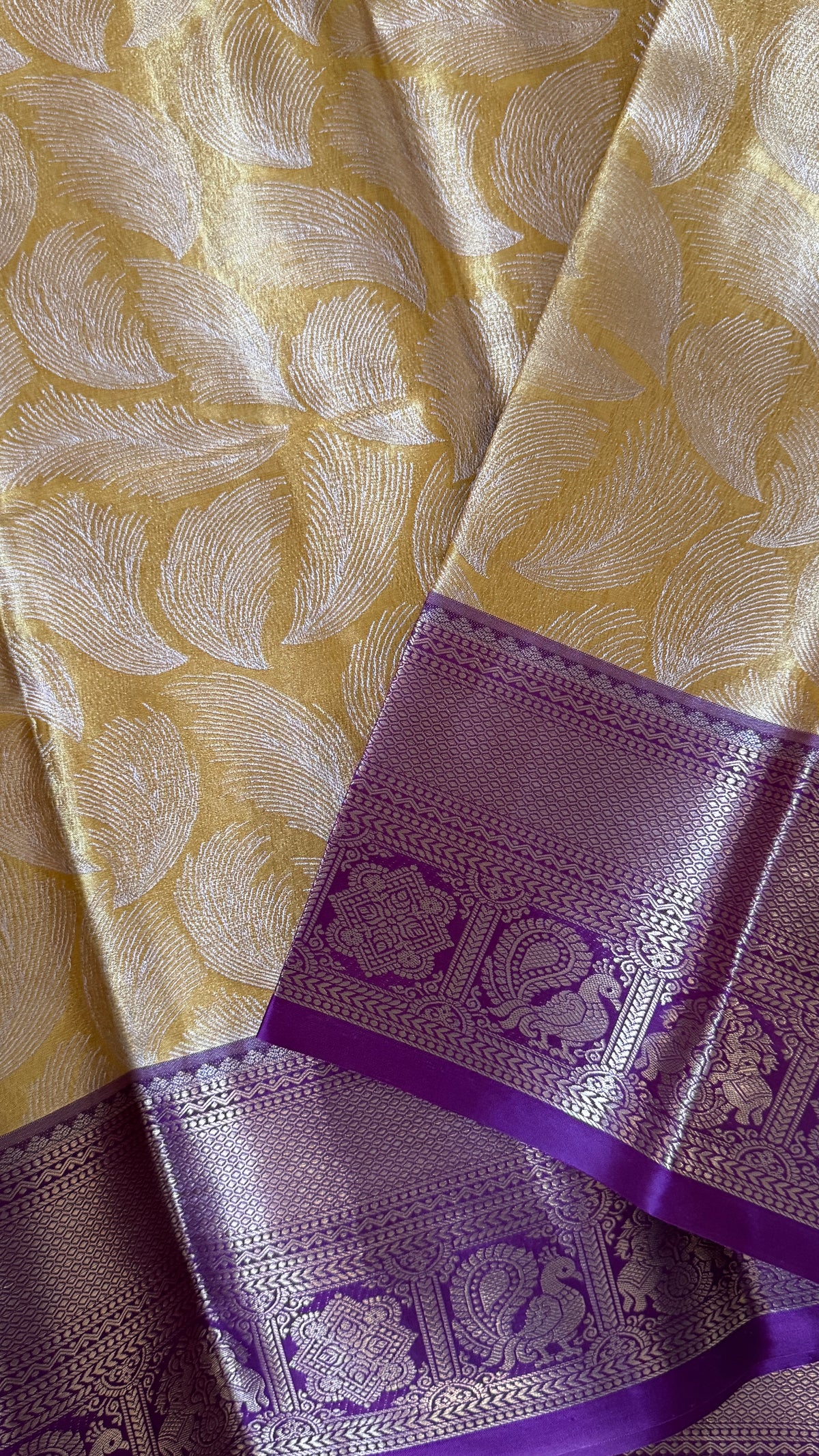 Semi Silk Mini Kanchivaram Tissue Saree – Light Golden Yellow & Magenta